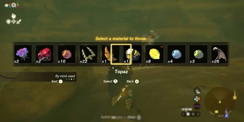 The throw material selection screen in Tears of the Kingdom