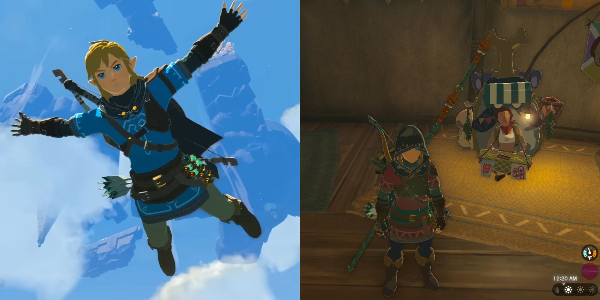 Link skydiving and standing next to Beedle in Tears of the Kingdom