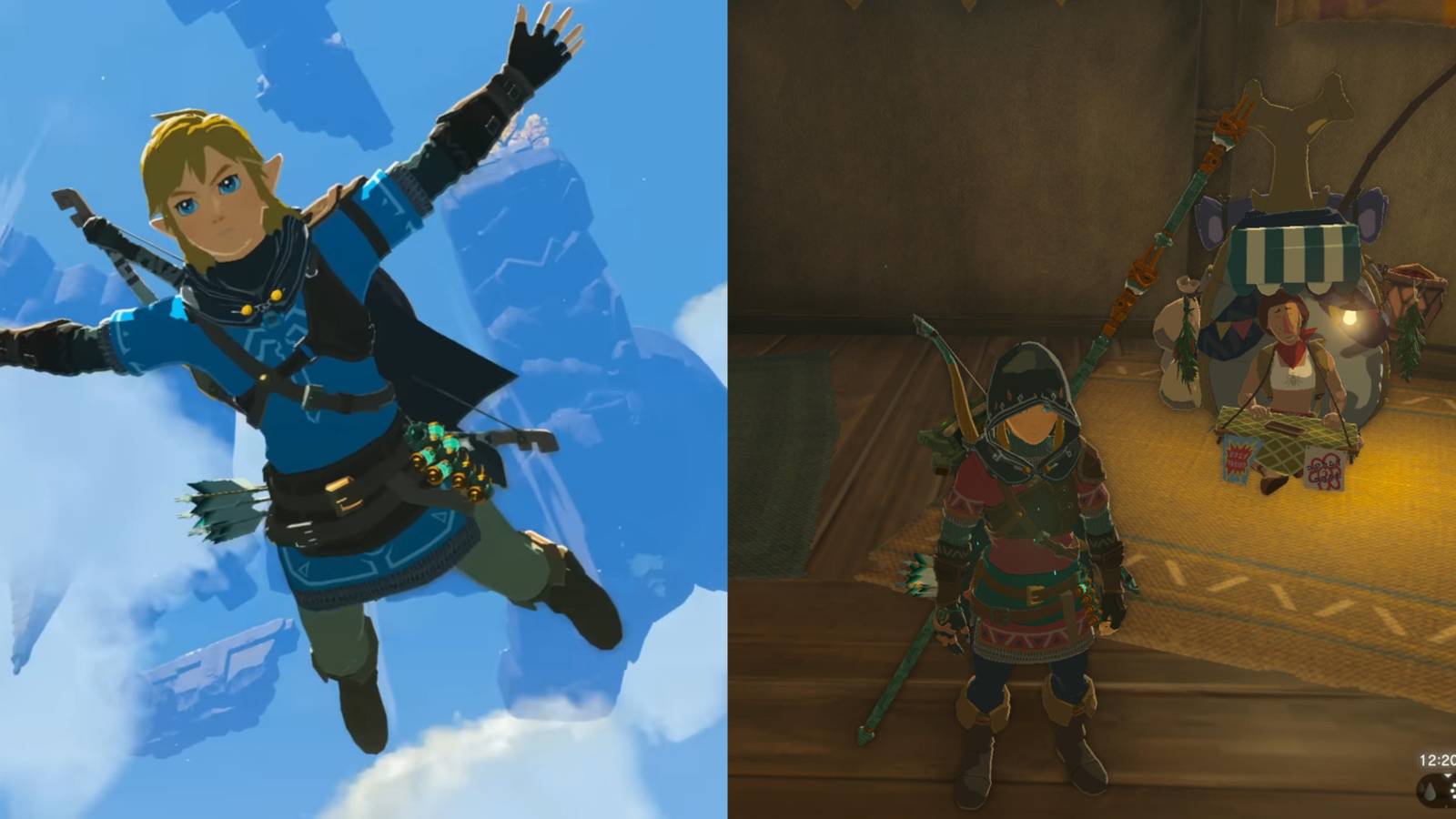 Link skydiving and standing next to Beedle in Tears of the Kingdom