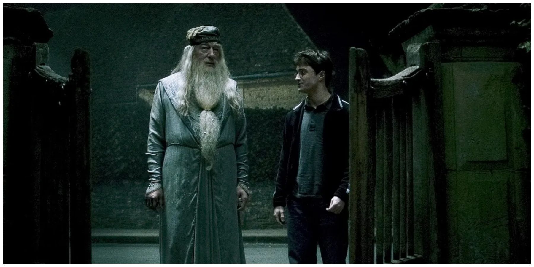 Michael Gambon as Albus Dumbledore. Daniel Radcliffe as Harry Potter.