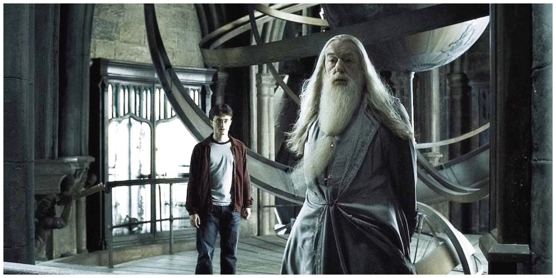 Daniel Radcliffe as Harry Potter. Michael Gambon as Albus Dumbledore.