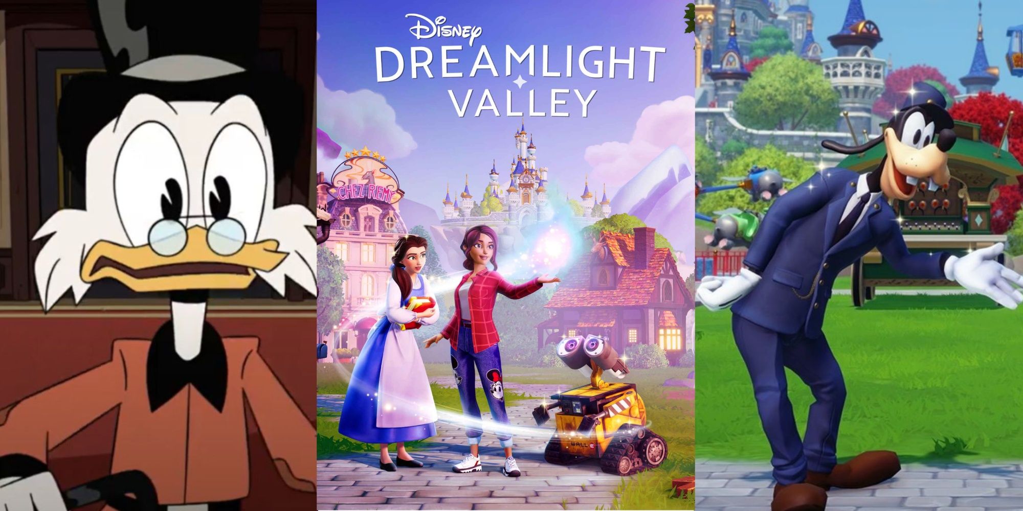 Imagem dividida de Scrooge Mcduck, a tela de título do Dreamlight Valley e pateta em uniforme de maestro