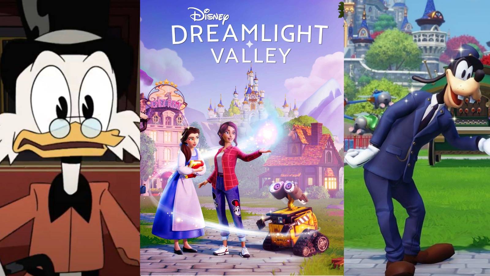 Split image of Scrooge mcduck, the Dreamlight valley title screen and goofy in a conductor uniform