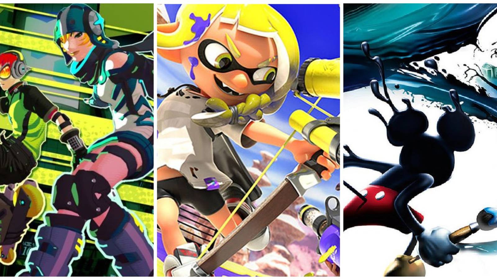 Left: Roller skaters from Jet Set Radio. Center: An inkling from Splatoon 3. Right: Mickey Mouse from behind with a paintbrush from Epic Mickey.