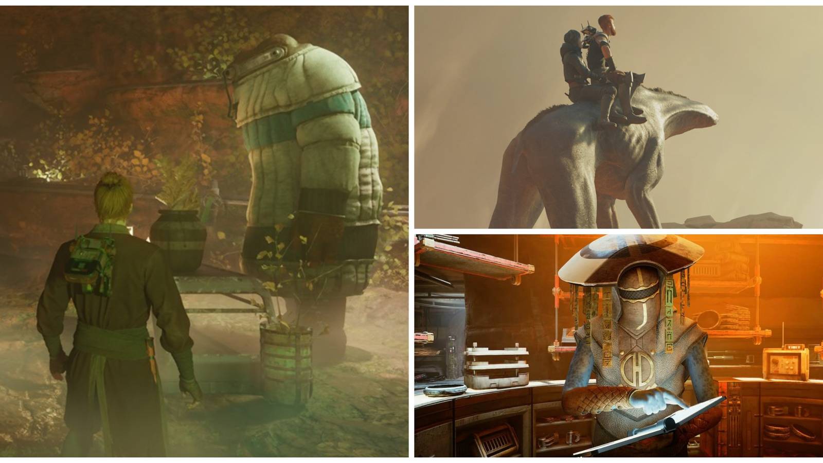 pili the gardener, cal and merrin riding a spamel, sister taske on jedha