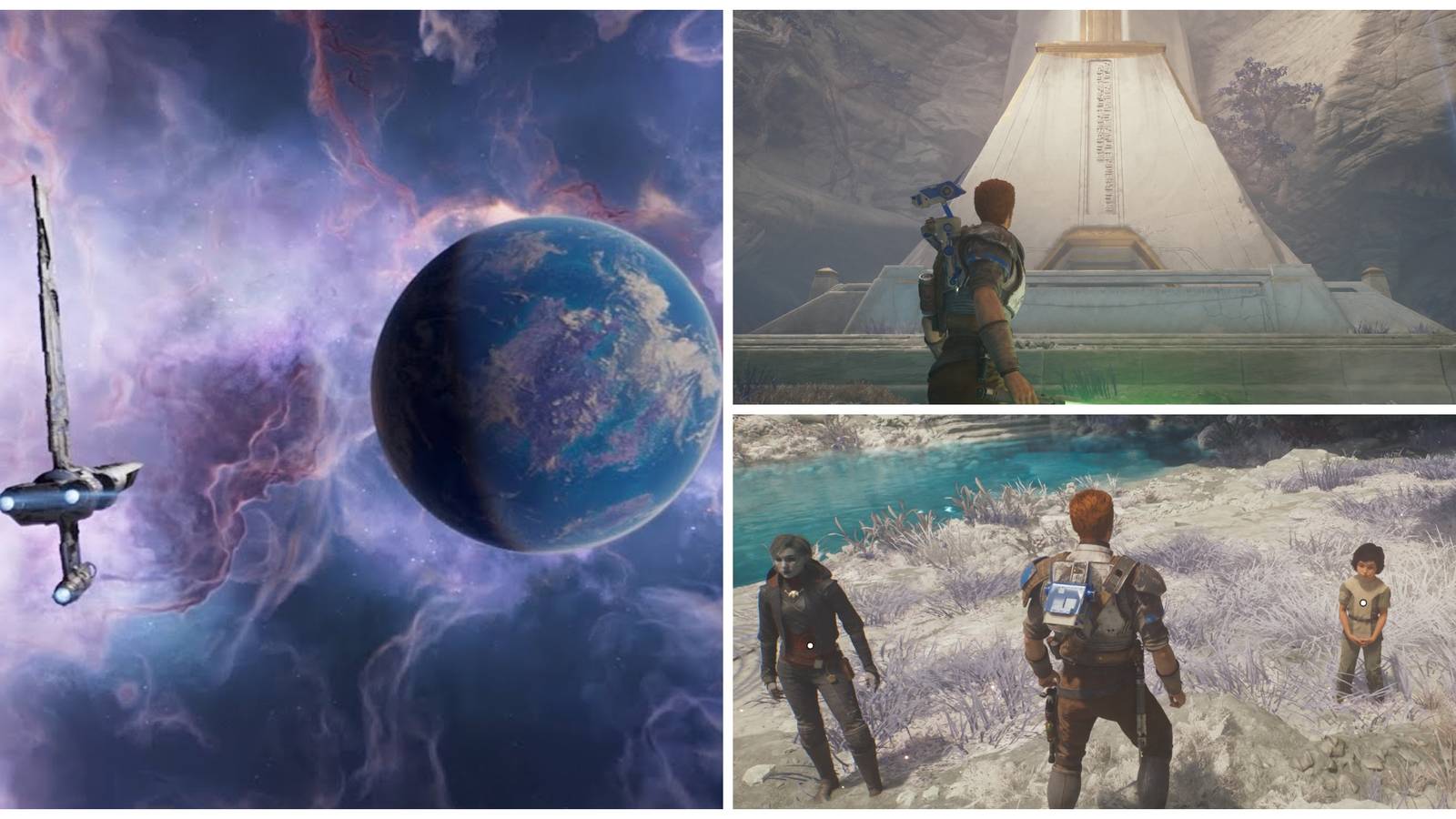 stinger mantis flying to tanalorr, cal kestis at a jedi temple, cal with merrin and kata