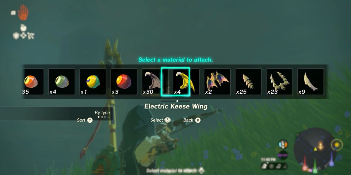 Link selects Keese Wings to attach to his arrow in Tears of the Kingdom