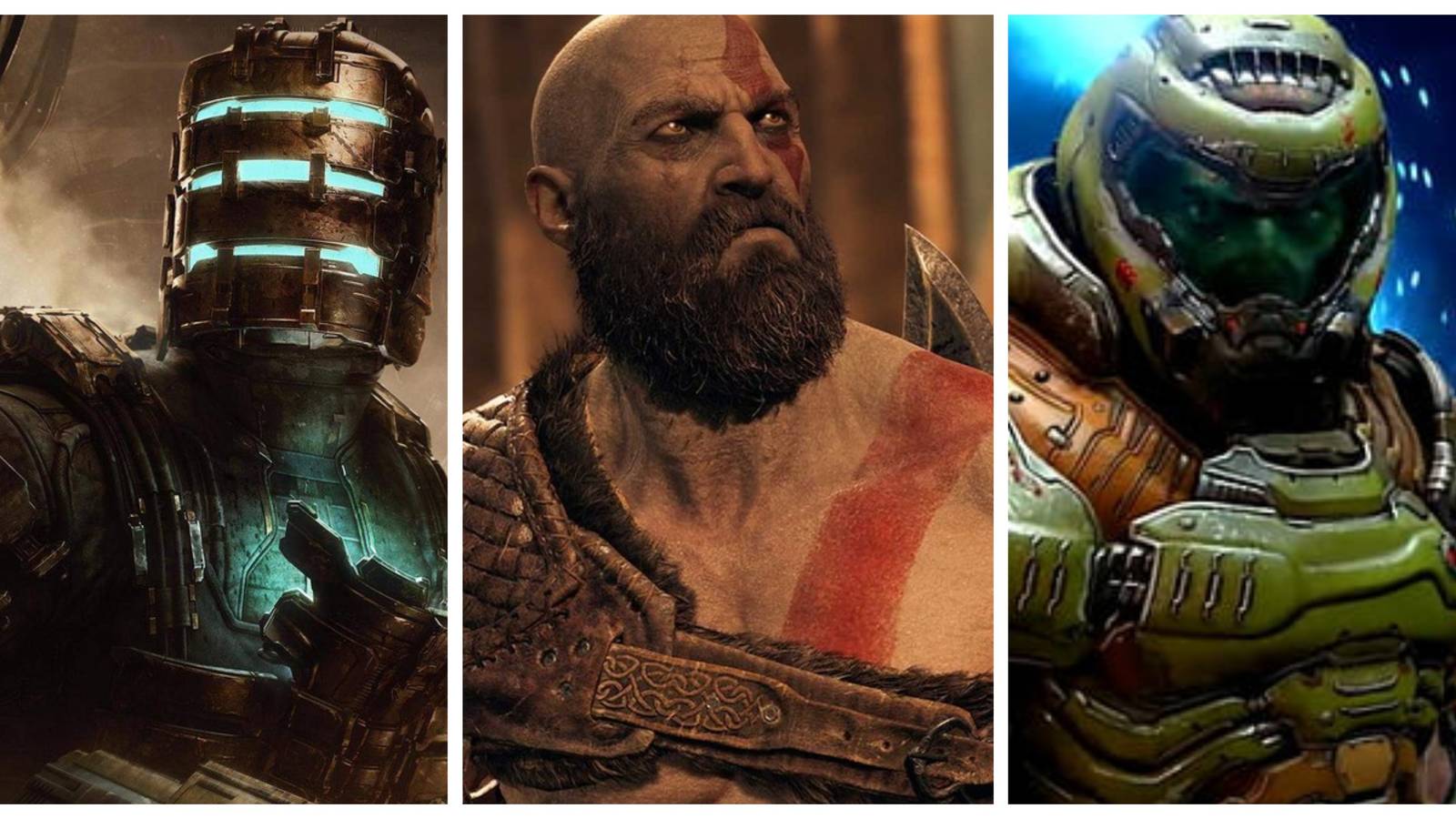 isaac clarke from dead space, kratos from god of war, doom slayer from doom eternal