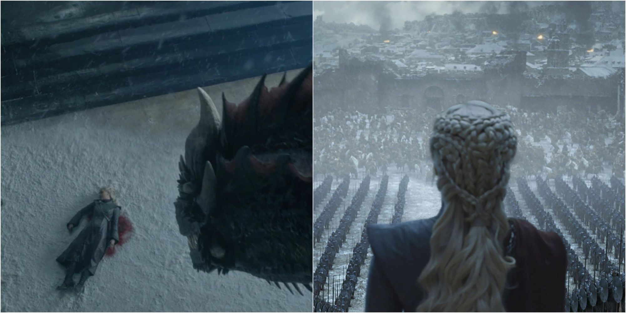Split image of dead Daenerys Targaryen and Daenerys' victory speech in Game of Thrones.