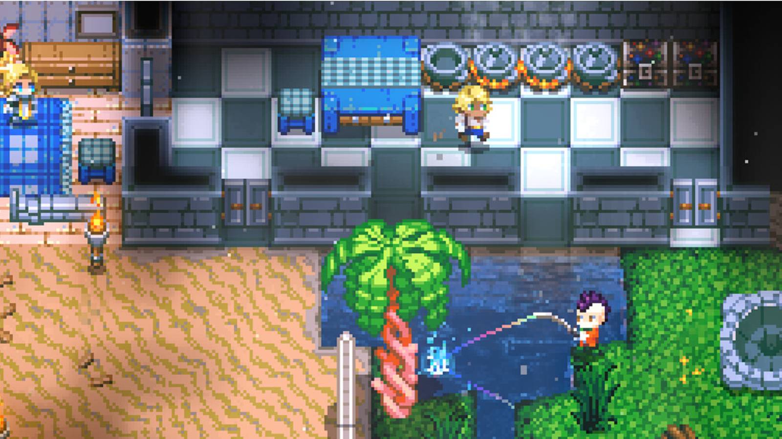 Player's kitchen with several cooking pots going. Cooking pots are needed to make food out of raw ingrediants.