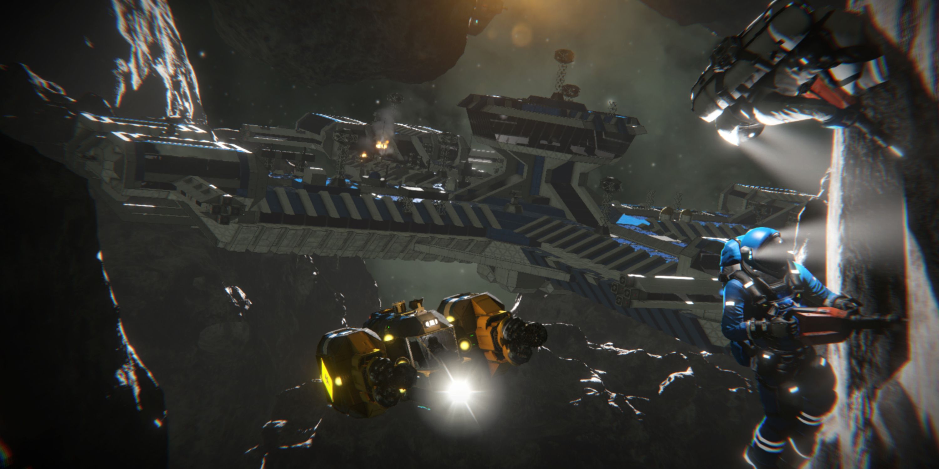 Two players in space suits mining with a drone and large ship in the background