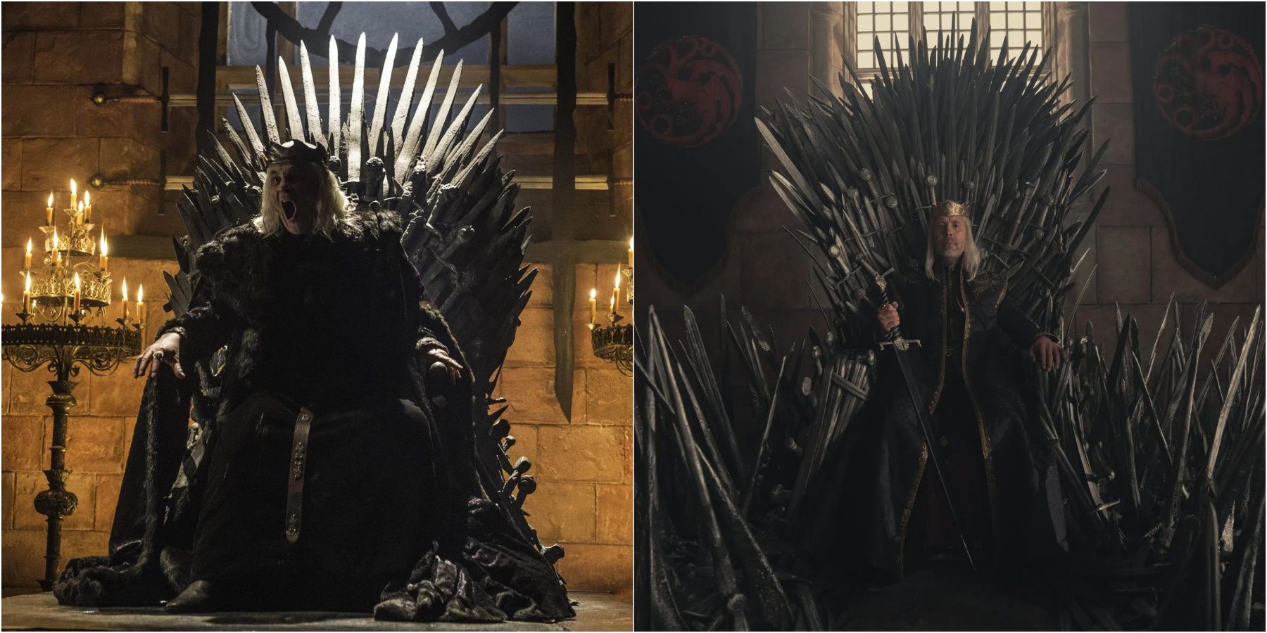 Split image of the Mad King in Game of Thrones and King Viserys in House of the Dragon sitting on the Iron Throne.