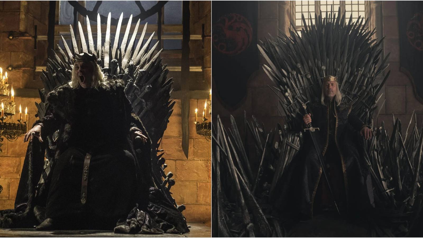 Split image of the Mad King in Game of Thrones and King Viserys in House of the Dragon sitting on the Iron Throne.