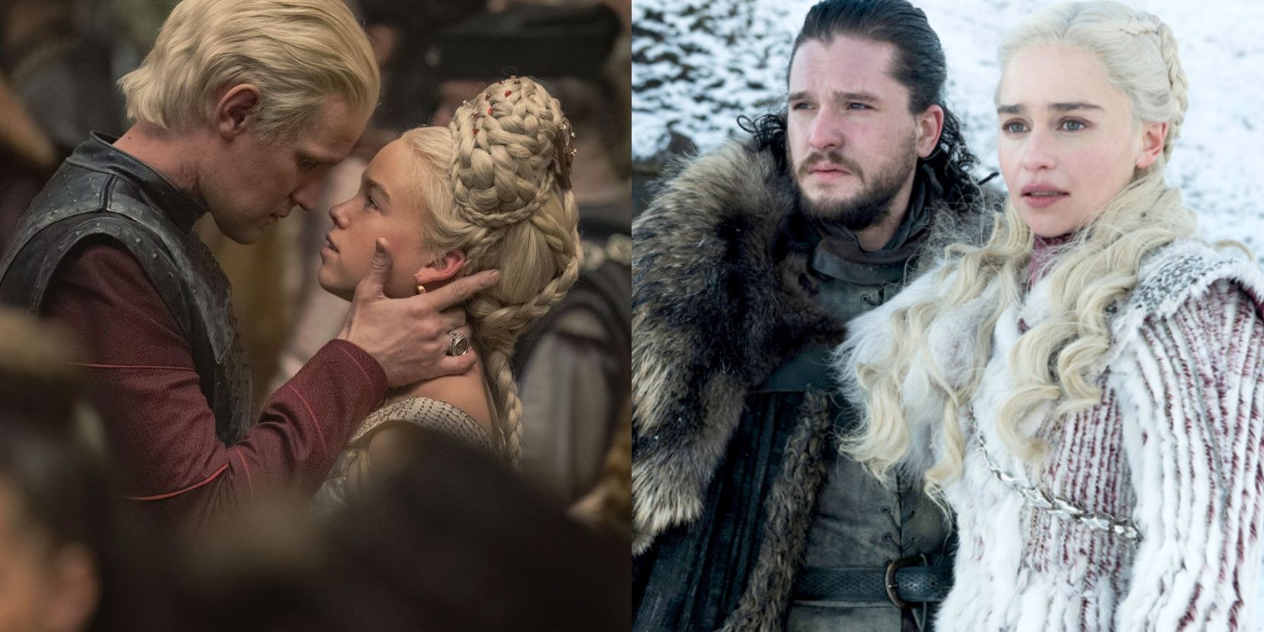 Split image of Daemon and Rhaenyra in House of the Dragon and Jon and Daenerys in Game of Thrones. 