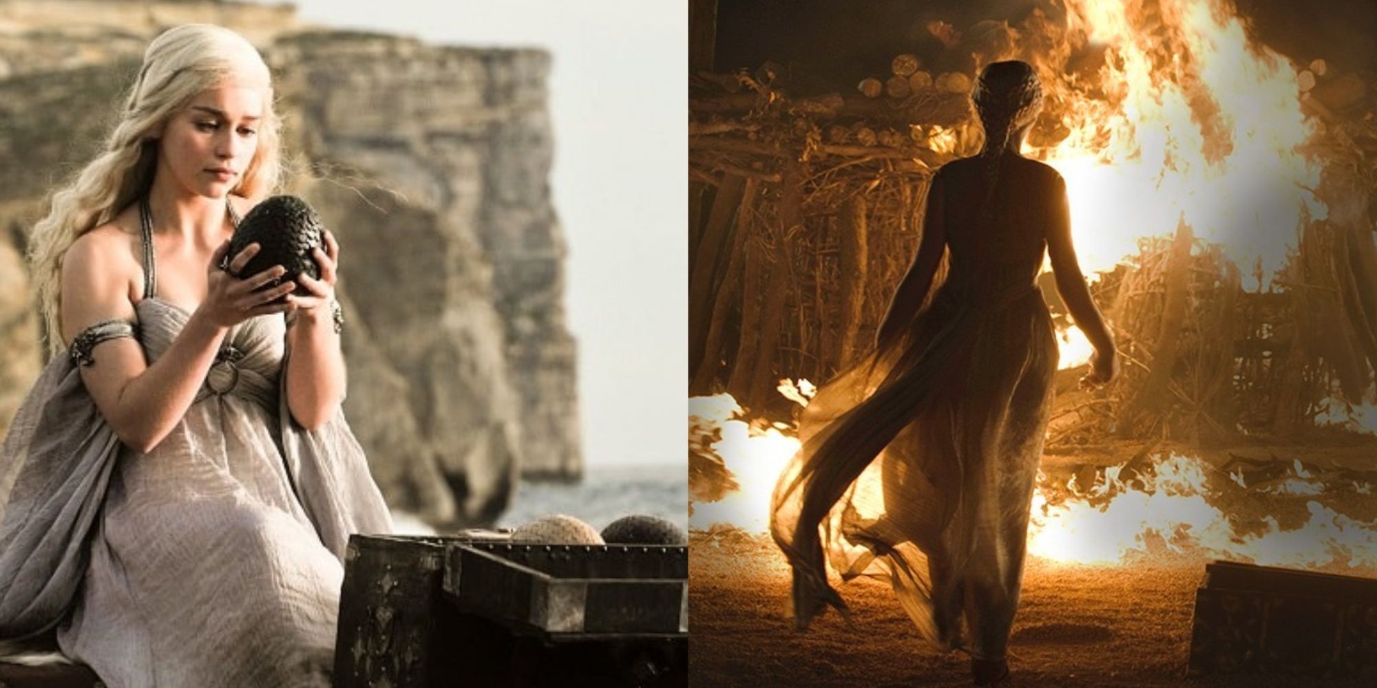 Split image of Daenerys Targaryen with dragon eggs and Daenerys standing in front of Khal Drogo's funeral pyre in Game of Thrones. 