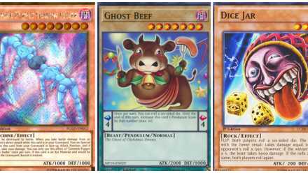 3 yugioh cards in a row, Gimmick Puppet, Ghost Beef and Dice Jar