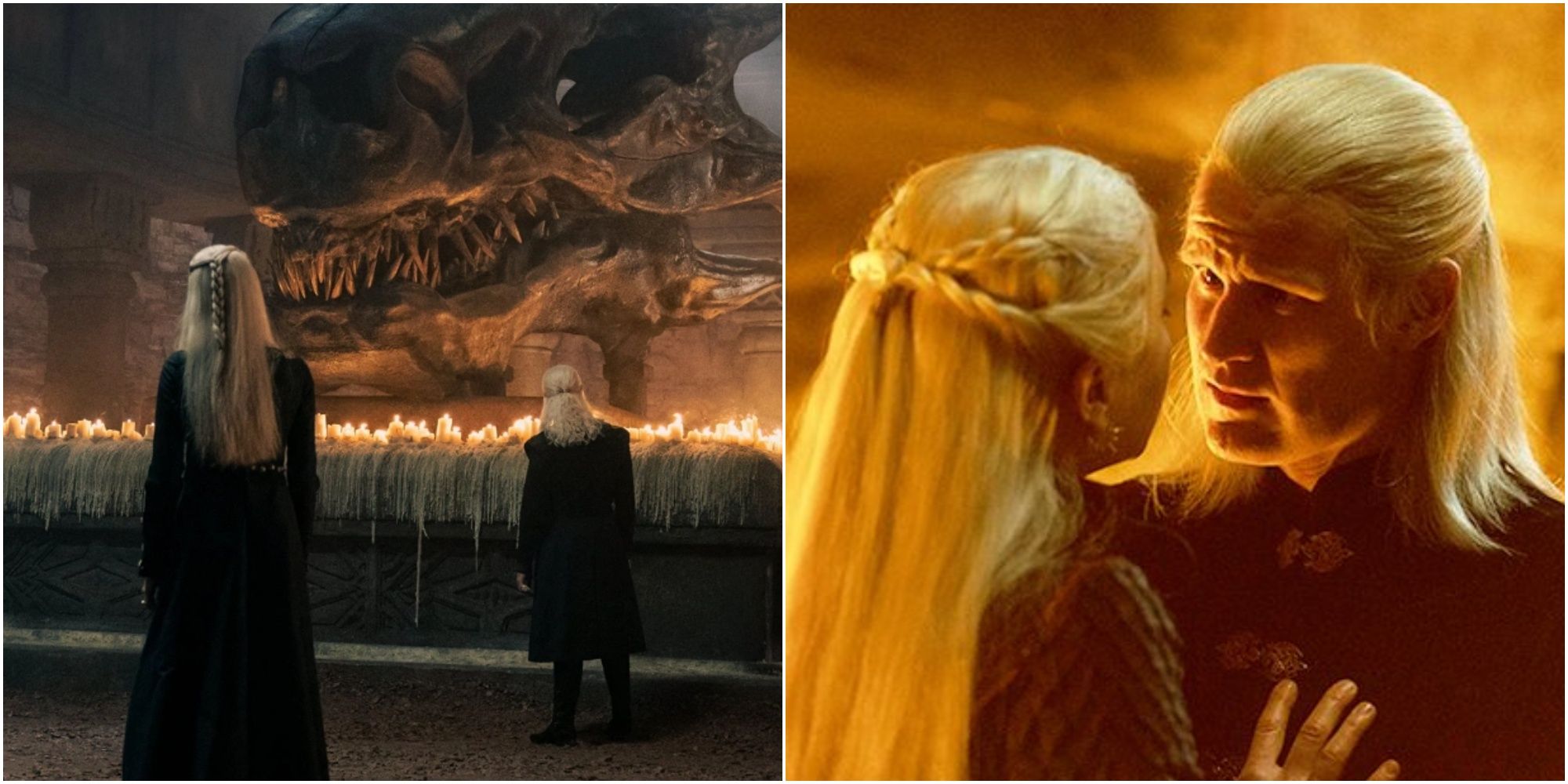 Split image of Rhaenyra and Viserys standing before Balerion's skull and Daemon and Rhaenyra in House of the Dragon.