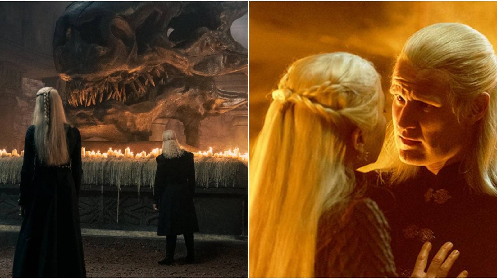 Split image of Rhaenyra and Viserys standing before Balerion's skull and Daemon and Rhaenyra in House of the Dragon.