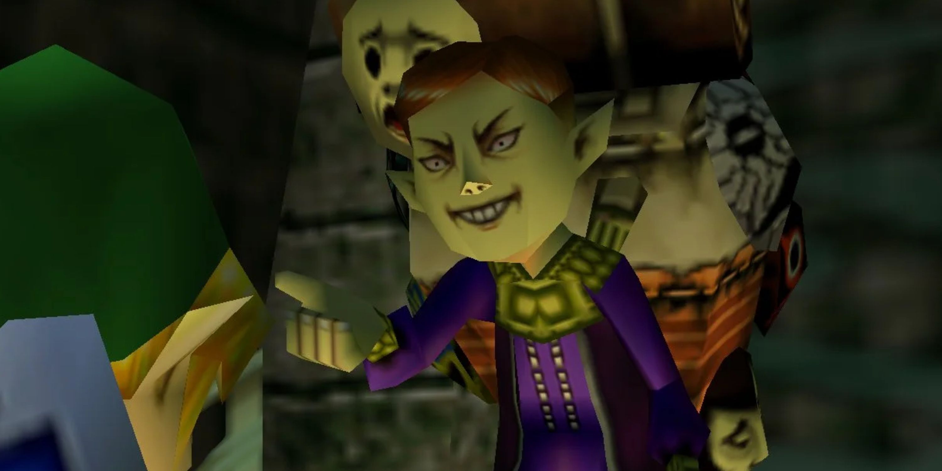 El vendedor habla con el niño Link en la máscara de Majora