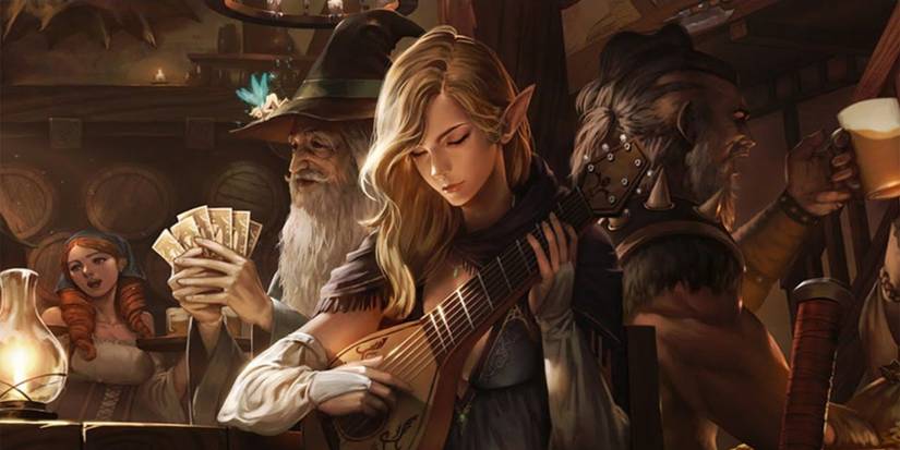 An elven bard plays her instrument inside a tavern