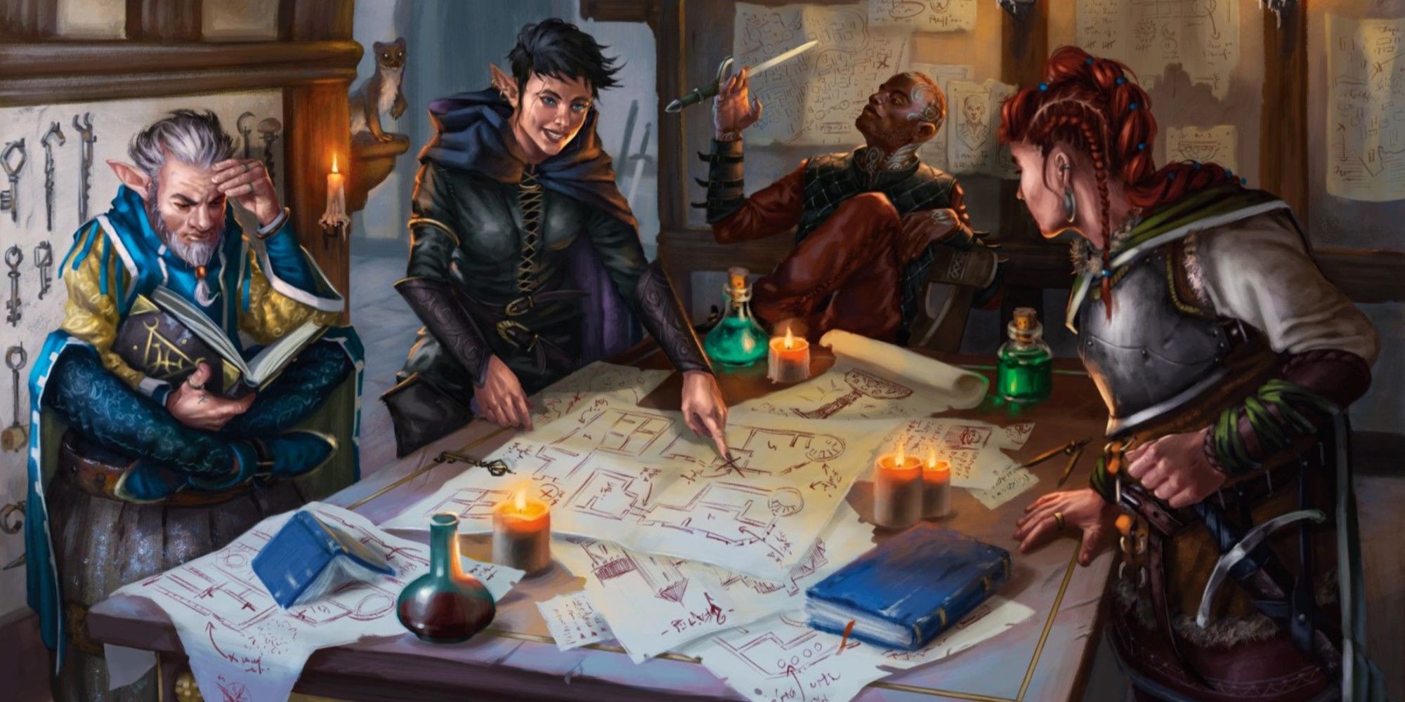 Four DND characters crowd around a table covered in papers and diagrams