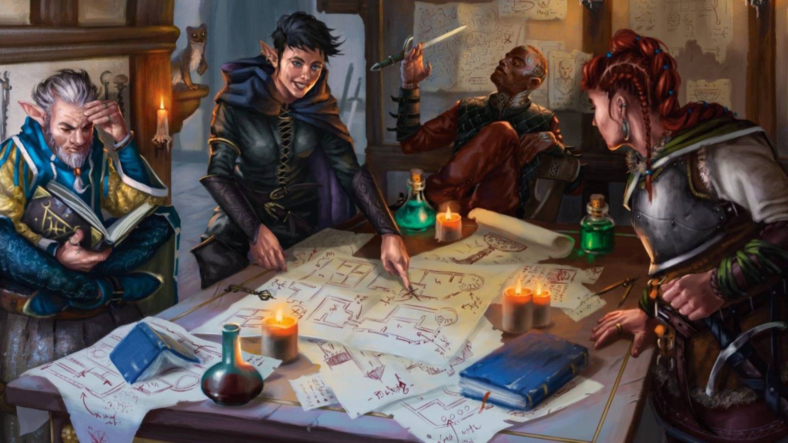 Four DND characters crowd around a table covered in papers and diagrams