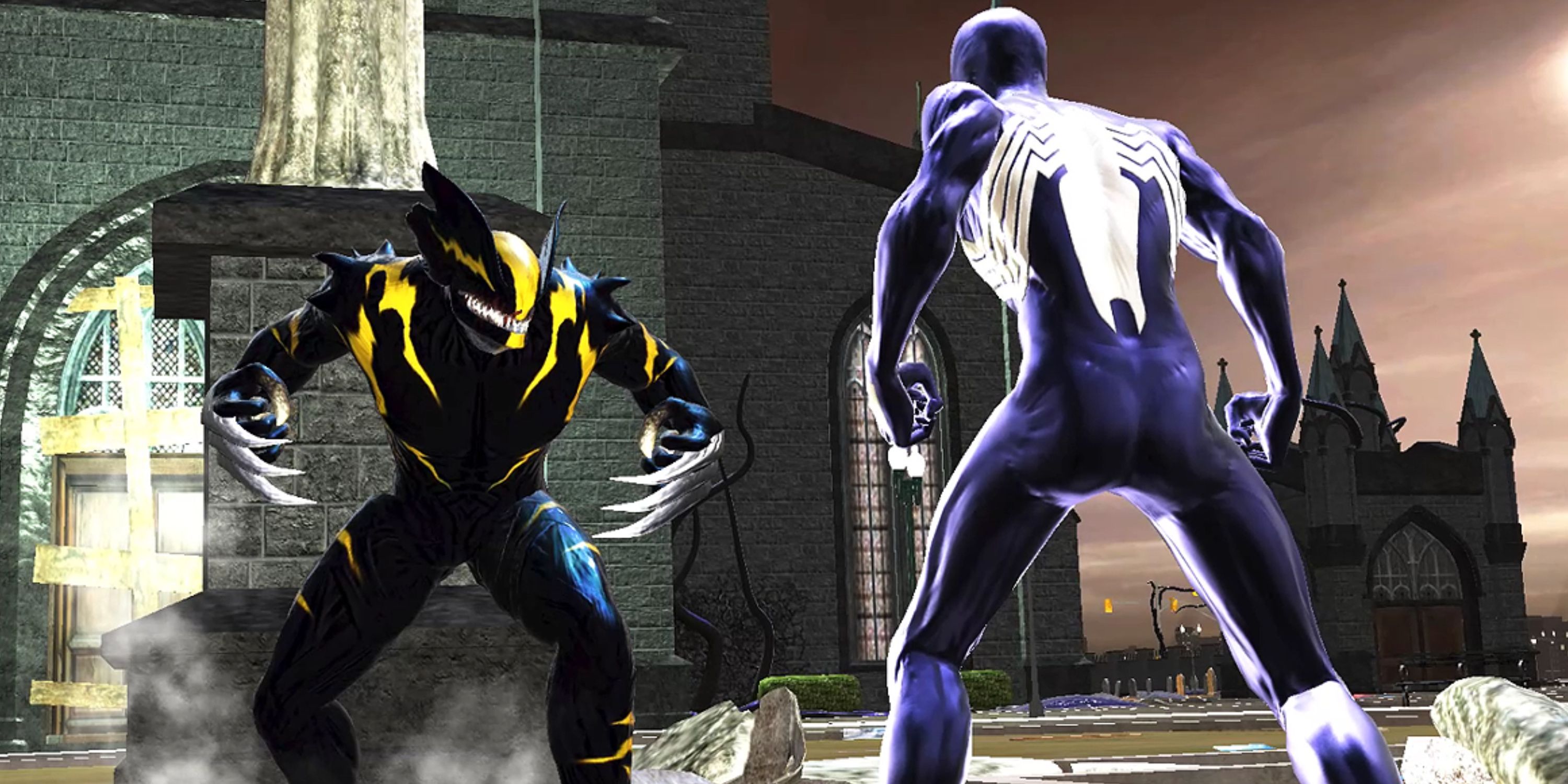 Black suit Spider-Man facing off agains Symbiote Wolverine