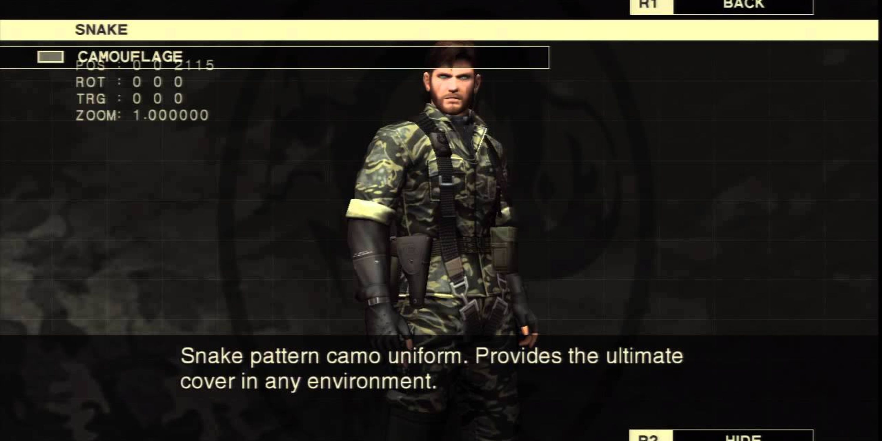 snake camouflage screen in Metal Gear Solid 3: Snake Eater