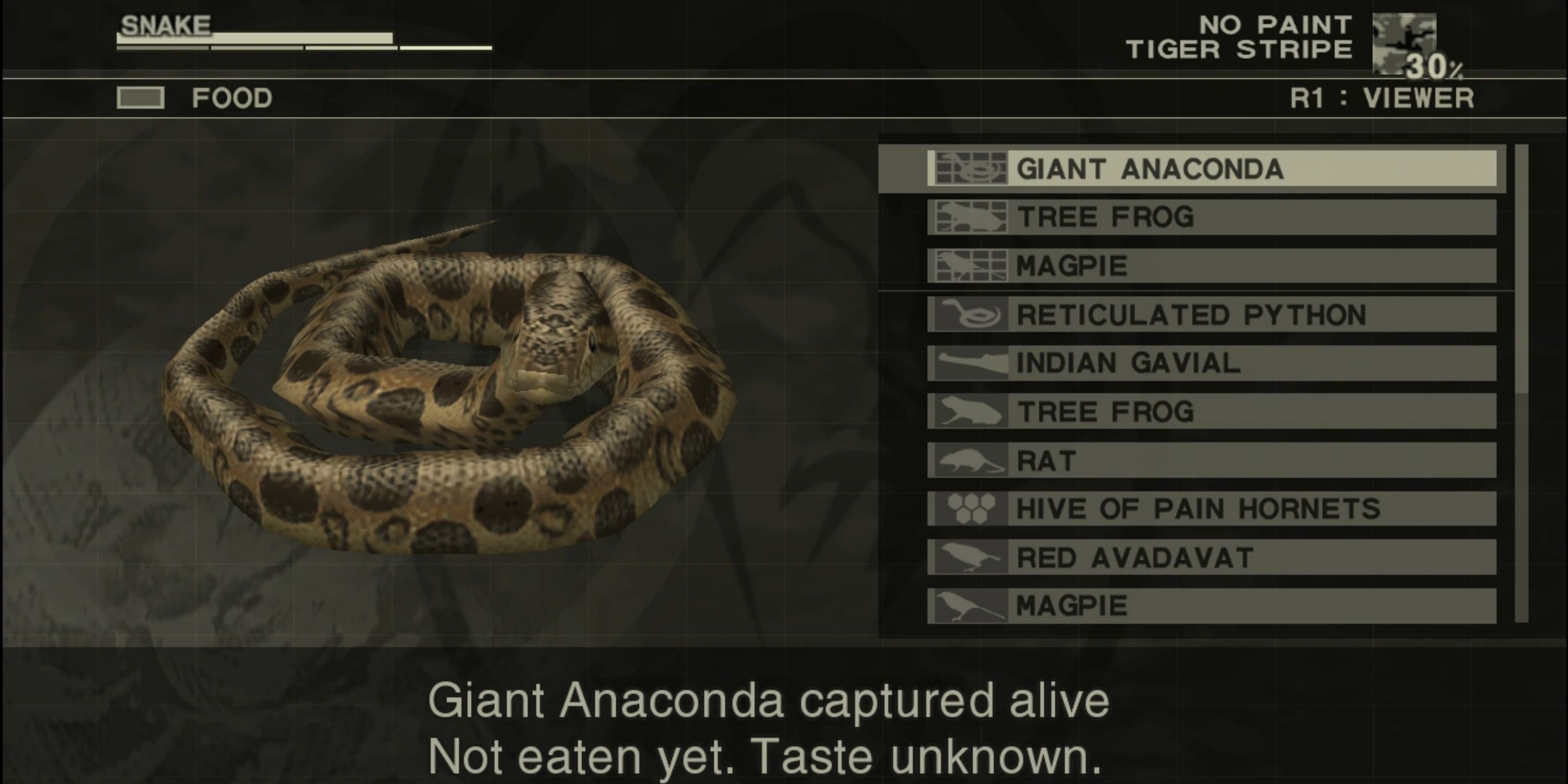 food screen in Metal Gear Solid 3: Snake Eater