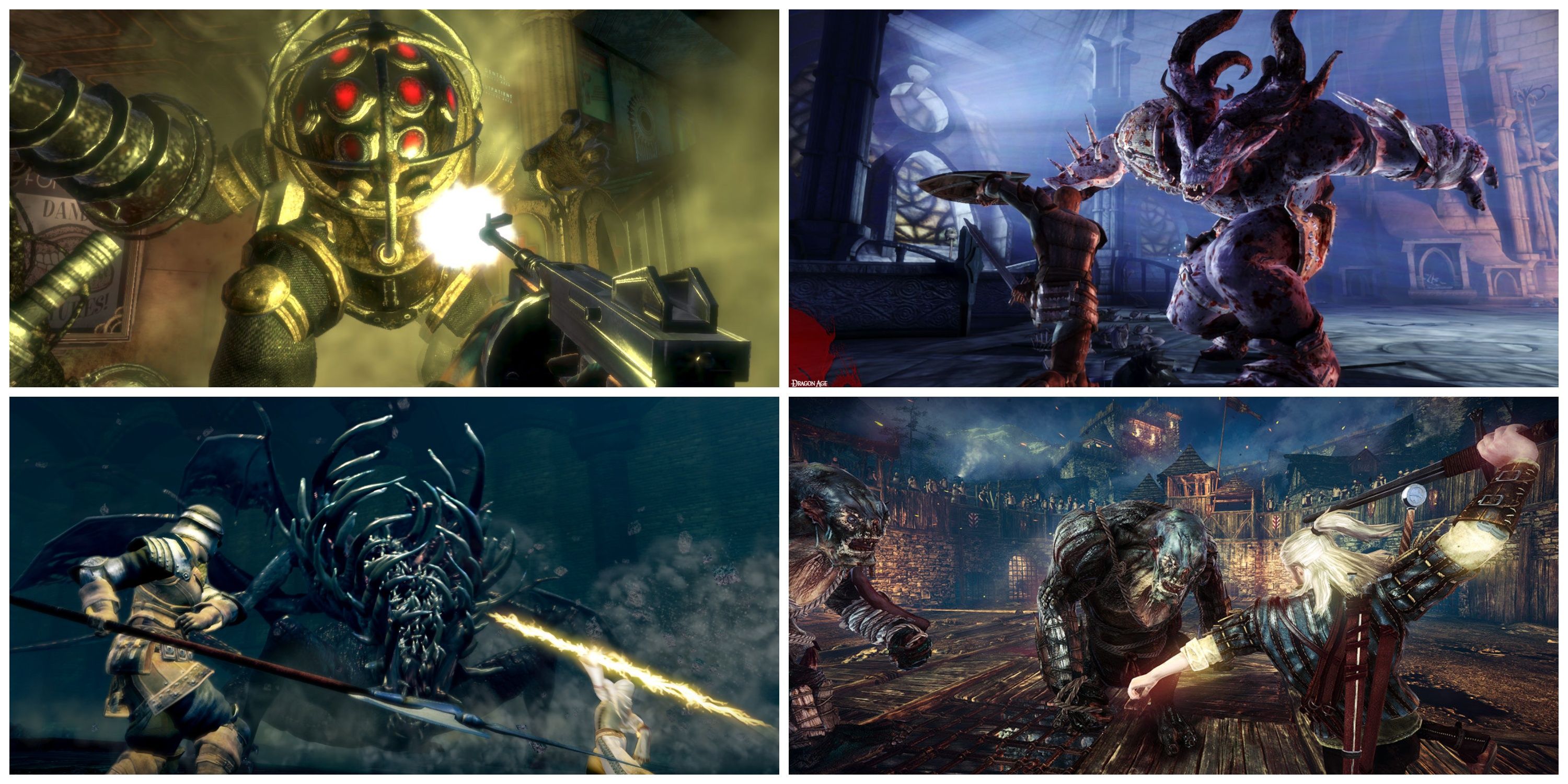 bioshock big daddy, dark sould protagonist boss fight, the witcher 2 monster fight, dragon age battle