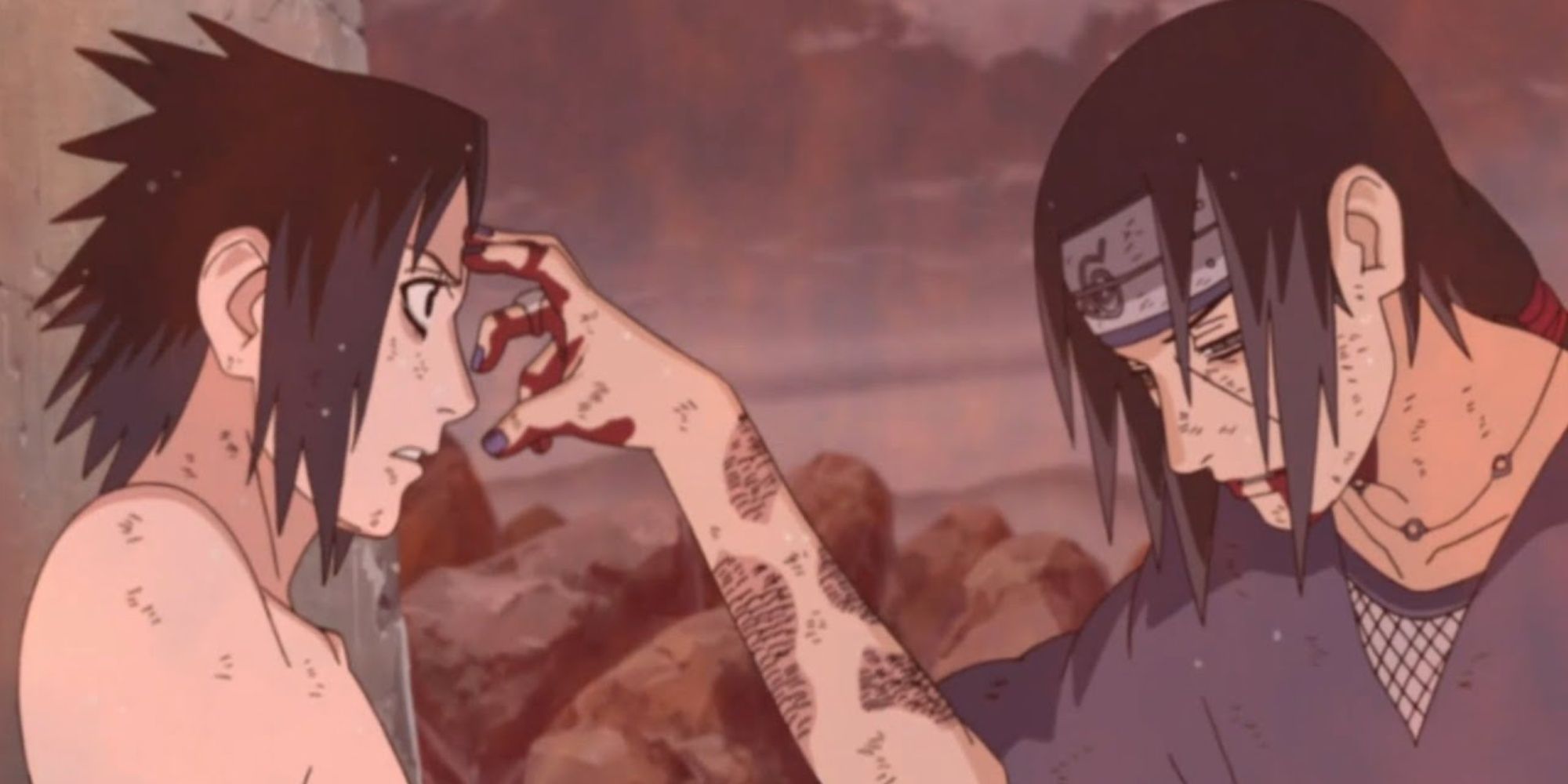 Itachi dies as he taps Sasuke  on the forehead in Naruto: Shippuden.