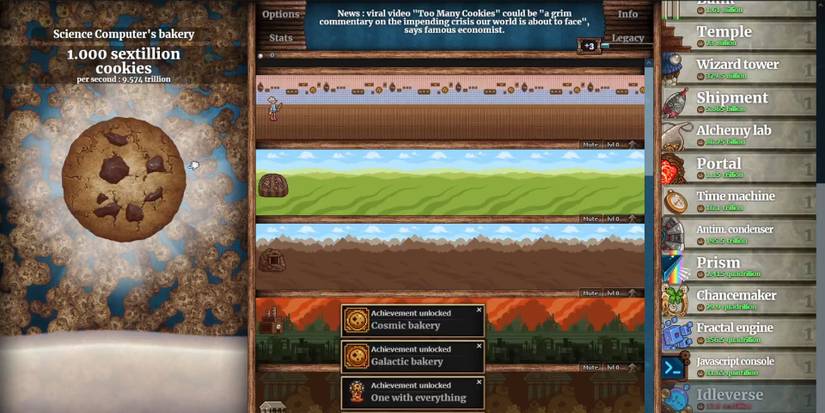 A ton of systems working at once to produce a ton of cookies in Cookie Clicker