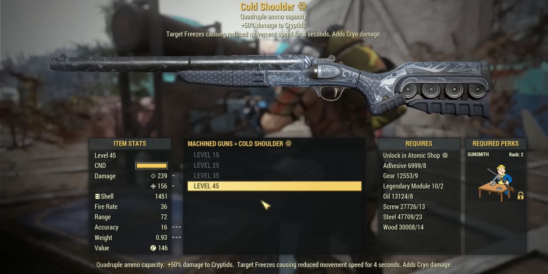 image showing how to craft the cold shoulder shotgun in fallout 76.