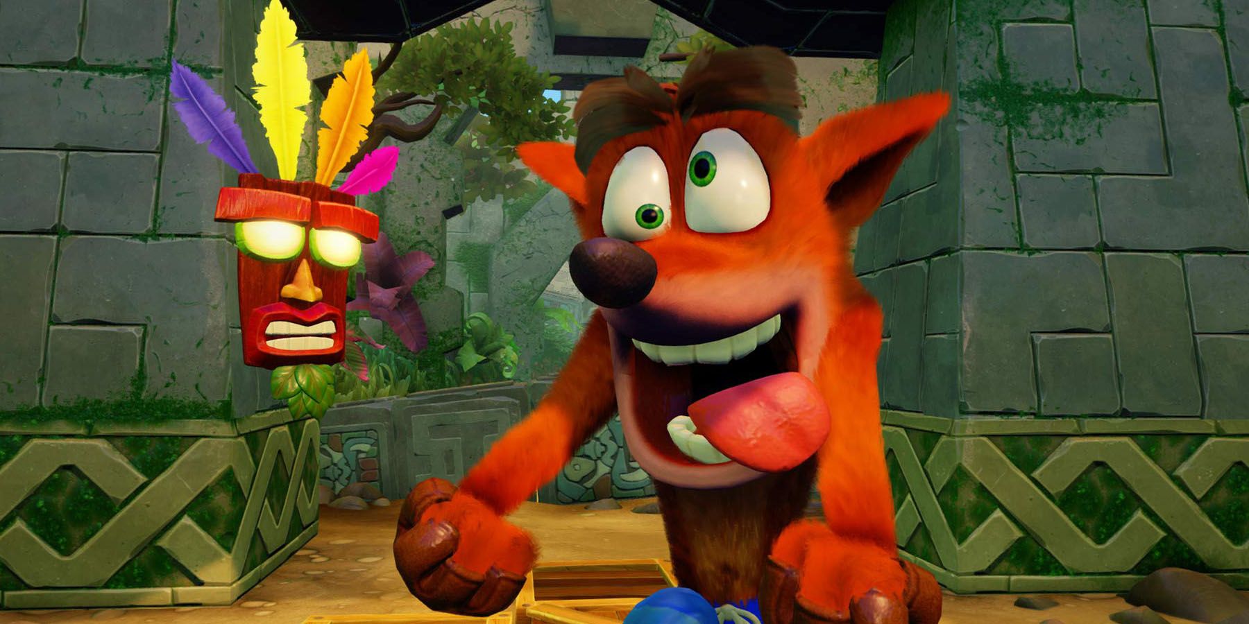 Uma captura de tela de Crash Bandicoot dançando ao lado de Aku-Aku em Crash Bandicoot N. Sane Trilogy.