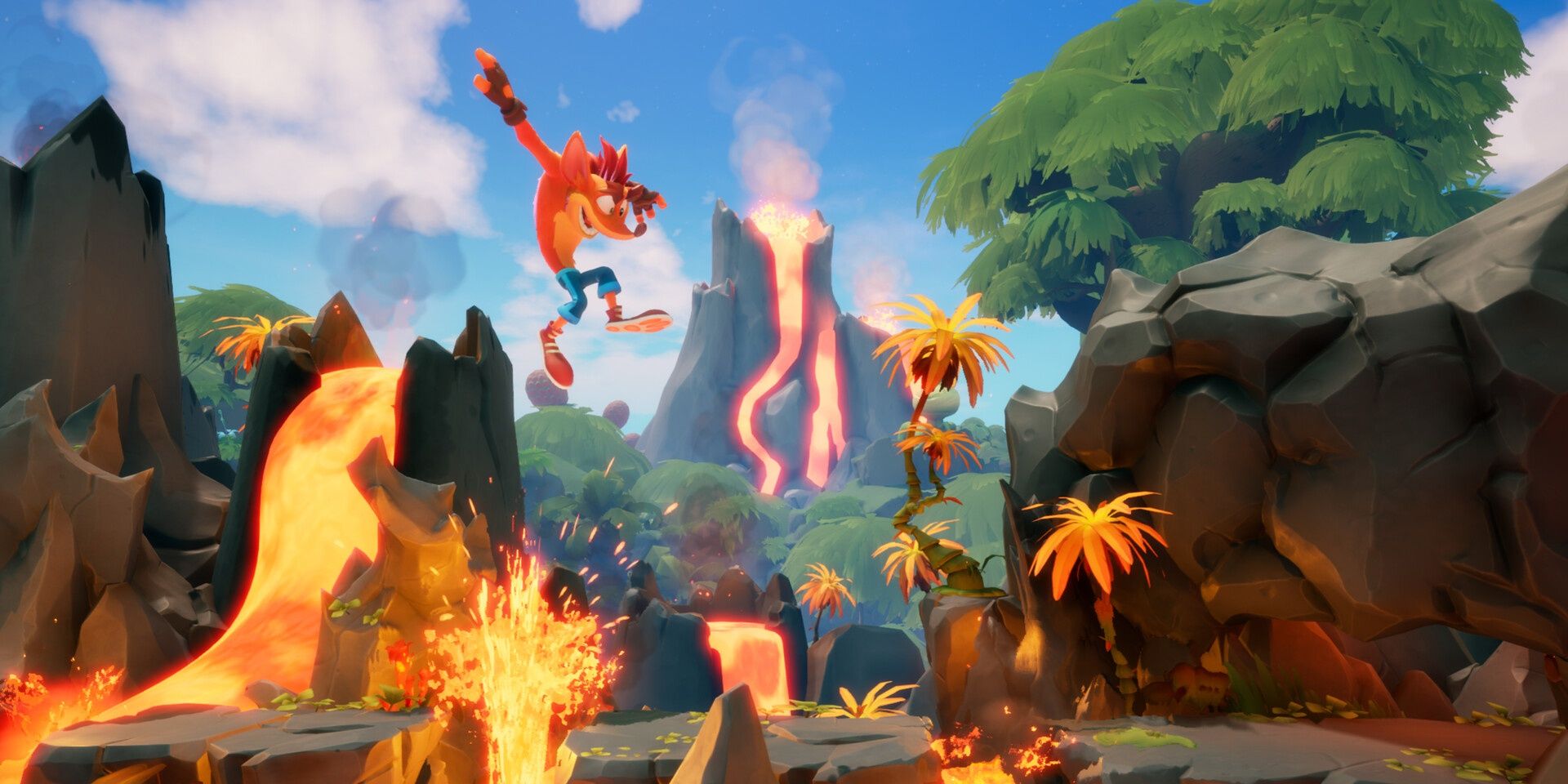 Crash jumping over a lava spout in Crash Bandicoot 4: It's About Time