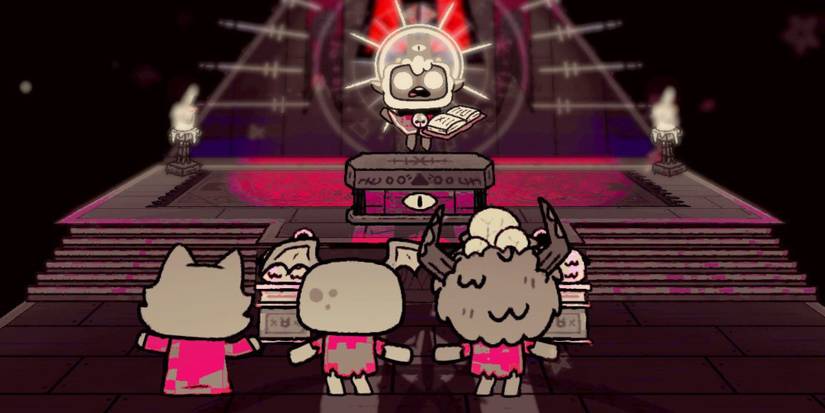 Followers worshipping the lamb in Cult of the Lamb