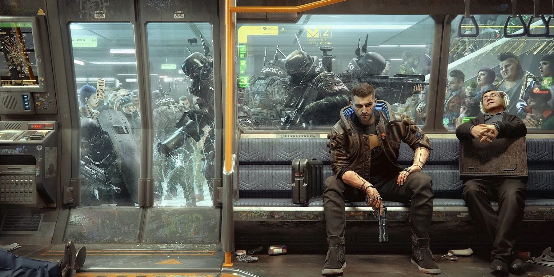 Image from Cyberpunk 2077 showing V sat on a metro train as police try to break in.
