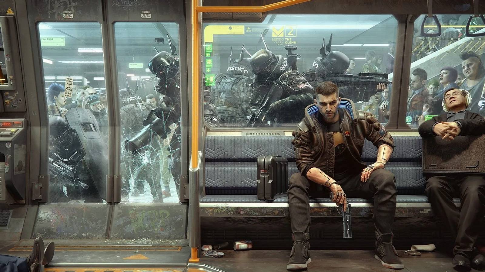 Image from Cyberpunk 2077 showing V sat on a metro train as police try to break in.