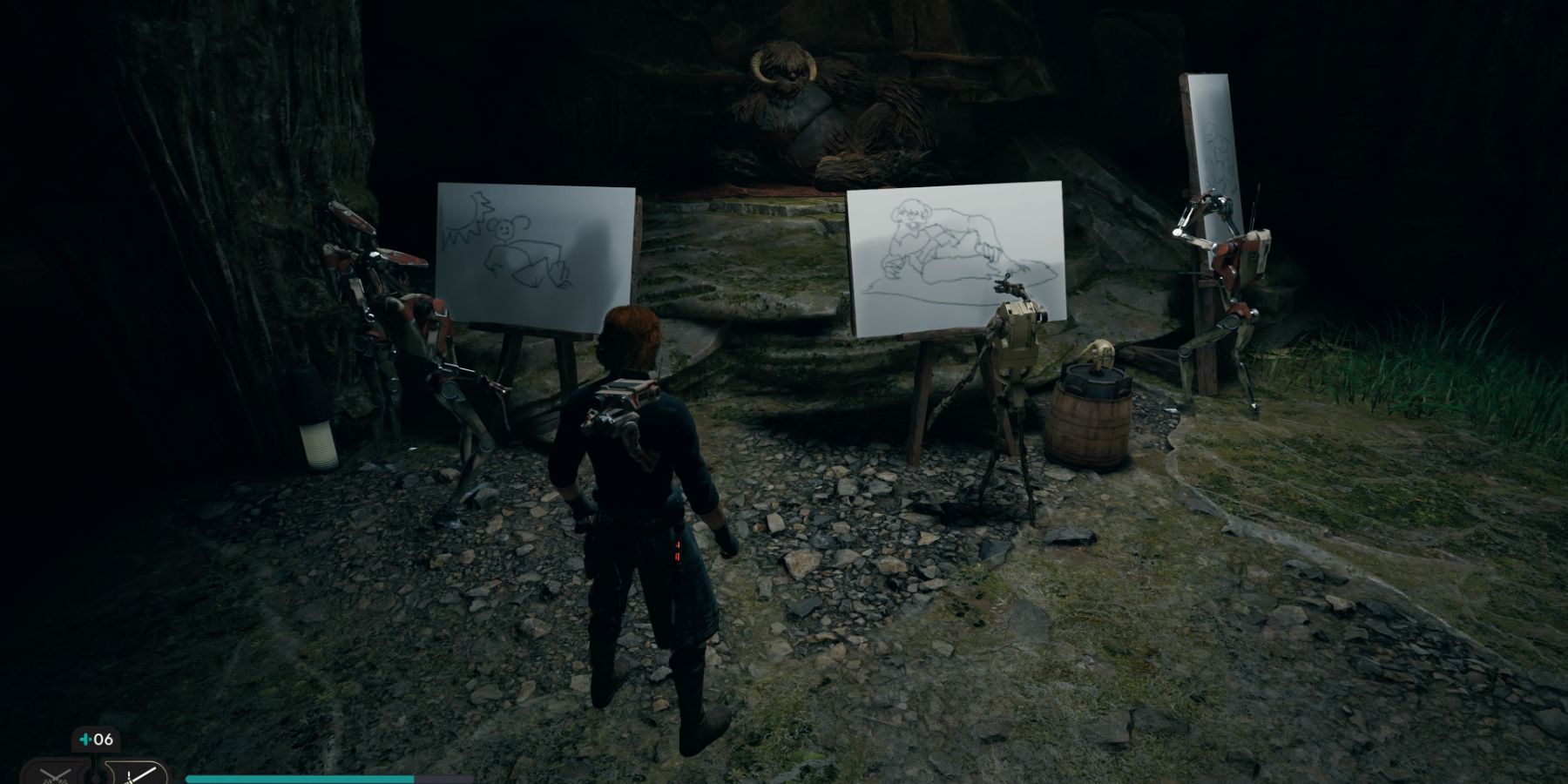 Cal finds four droids painting a Mogu in Star Wars Jedi: Survivor