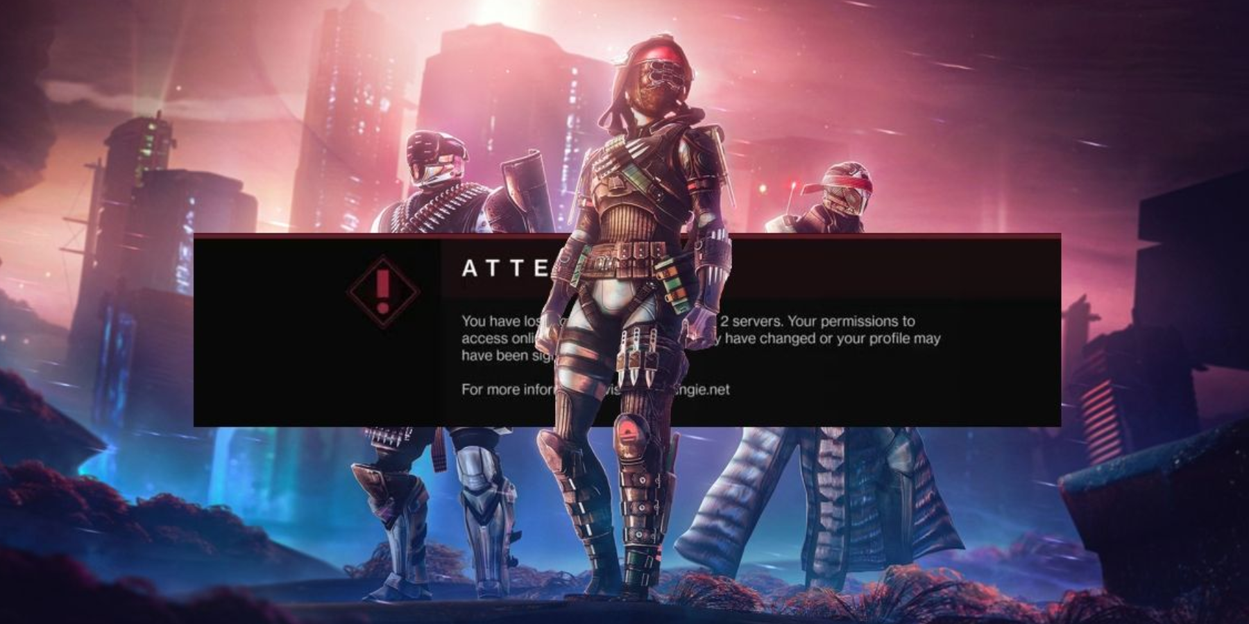 Destiny 2 Lightfall promo image with network disconnection notification.