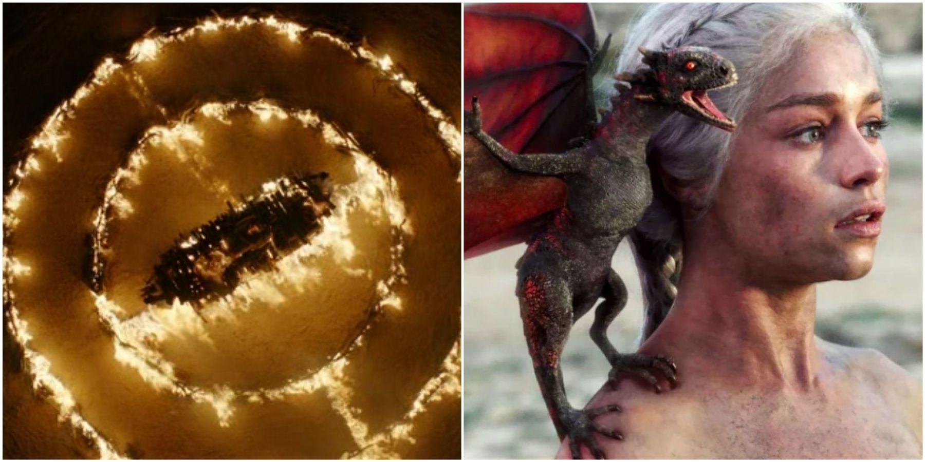 Split image of Khal Drogo's lit pyre and Daenerys Targaryen and baby Drogon in Game of Thrones.