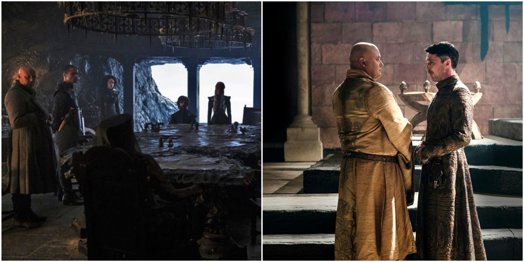 Split image of Daenerys' aides and allies, and Varys and Baelish in Game of Thrones.