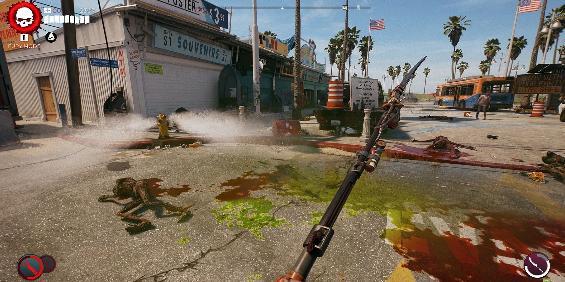 Image from Dead Island 2 showing a street littered with corpses and blood.