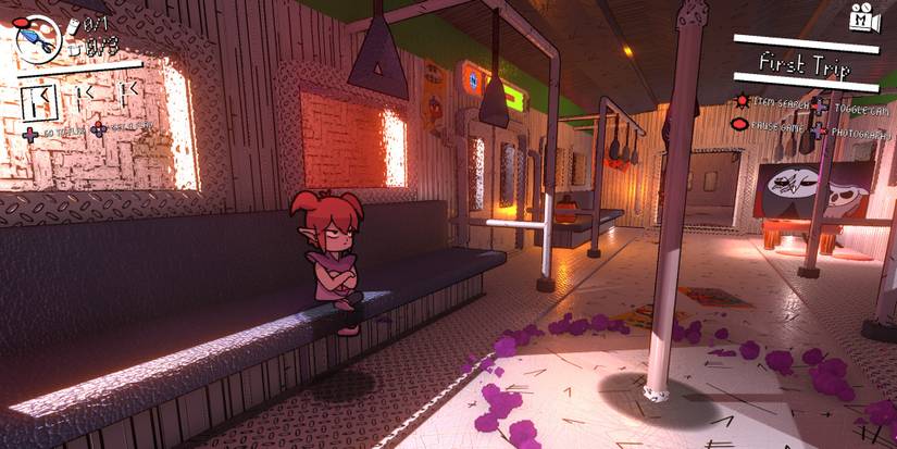 Beebz sitting on a subway next to a checkpoint in Demon Turf