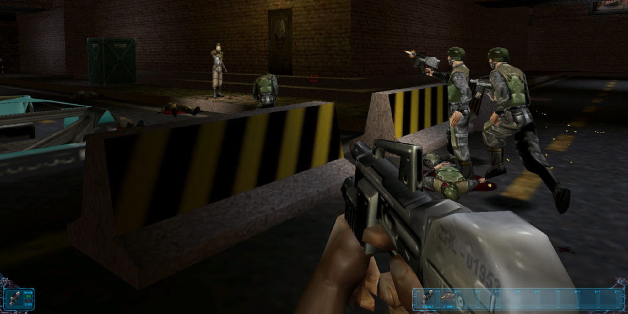 A player watching soldiers shoot at two people in Deus Ex