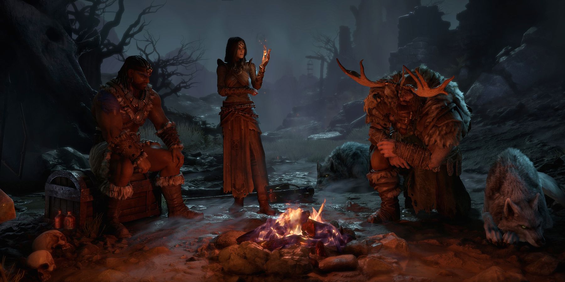 Diablo 4 Barbarian, Sorcerer, and Druid at campfire