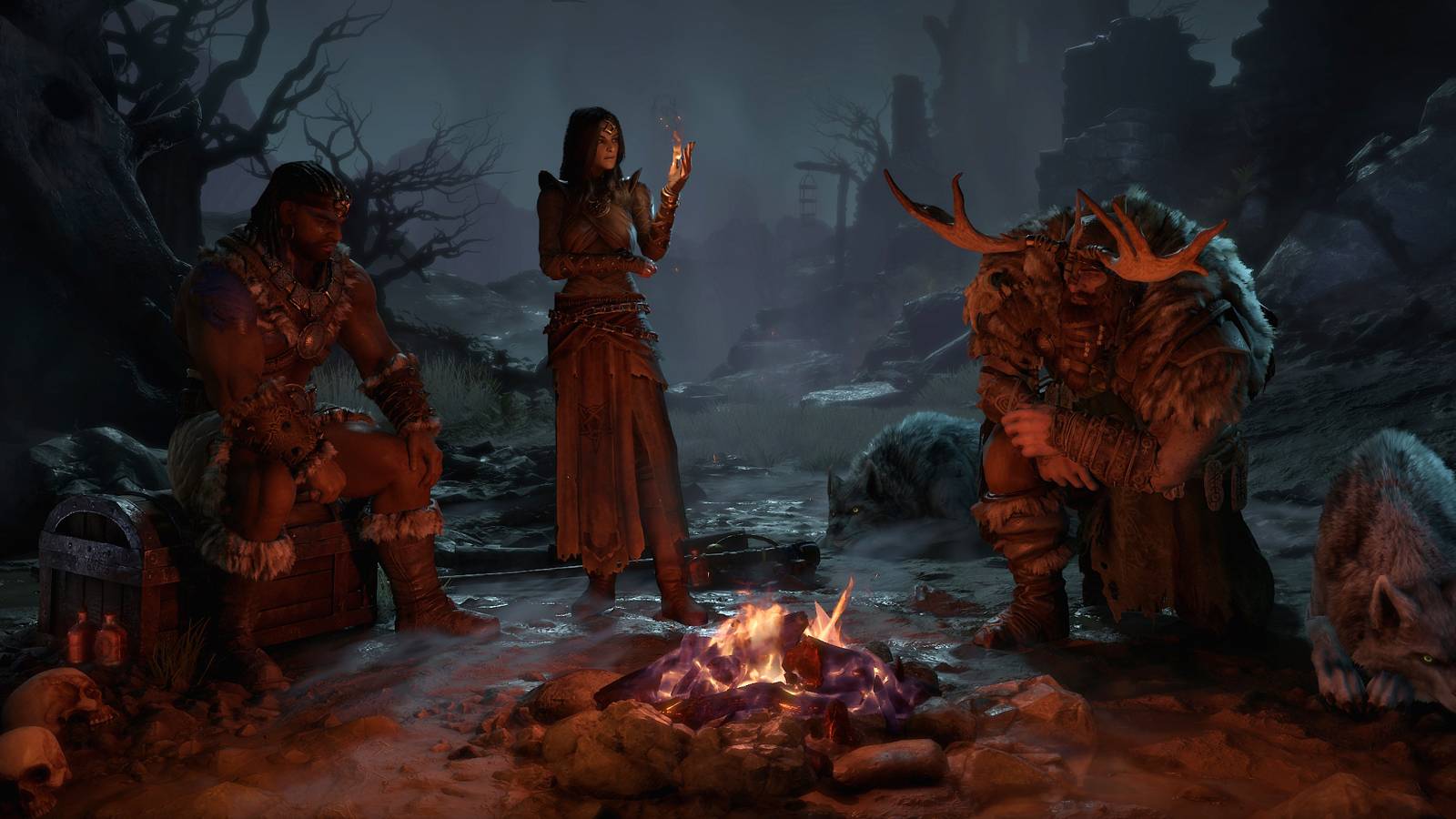 Diablo 4 Barbarian, Sorcerer, and Druid at campfire
