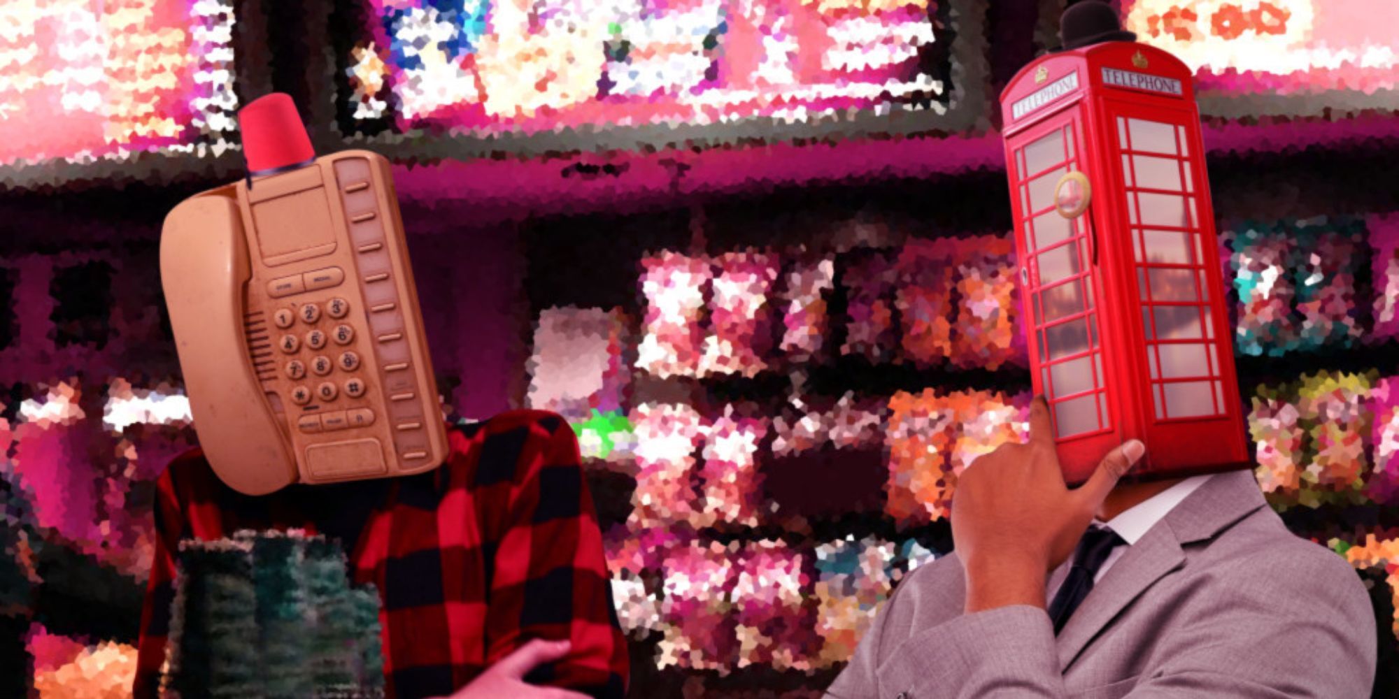 Dos personas de Phone en una tienda hablando con el jugador en Dialtown: Phone Dating Sim