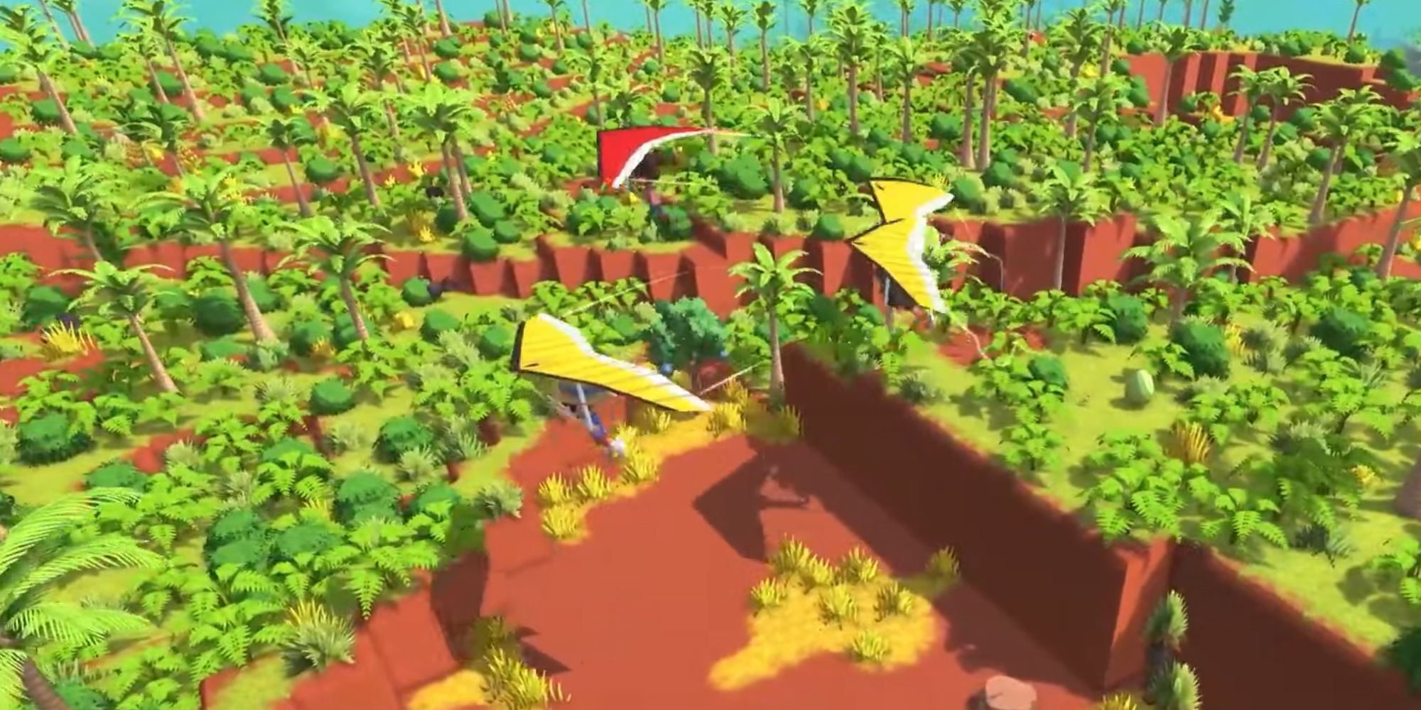 Four players hang glide over a clif in the multiplayer mode of Dinkum