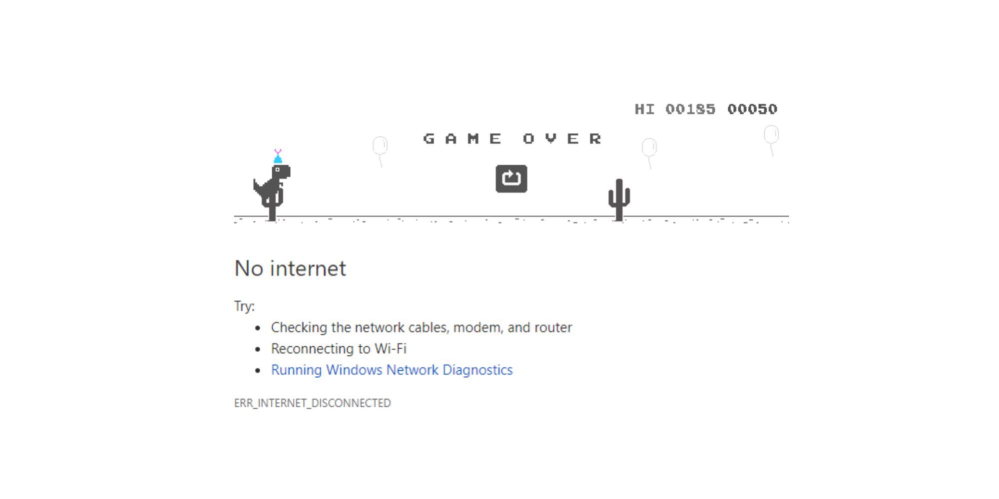 A T-Rex with a a party hat on in the Google Dinosaur Game